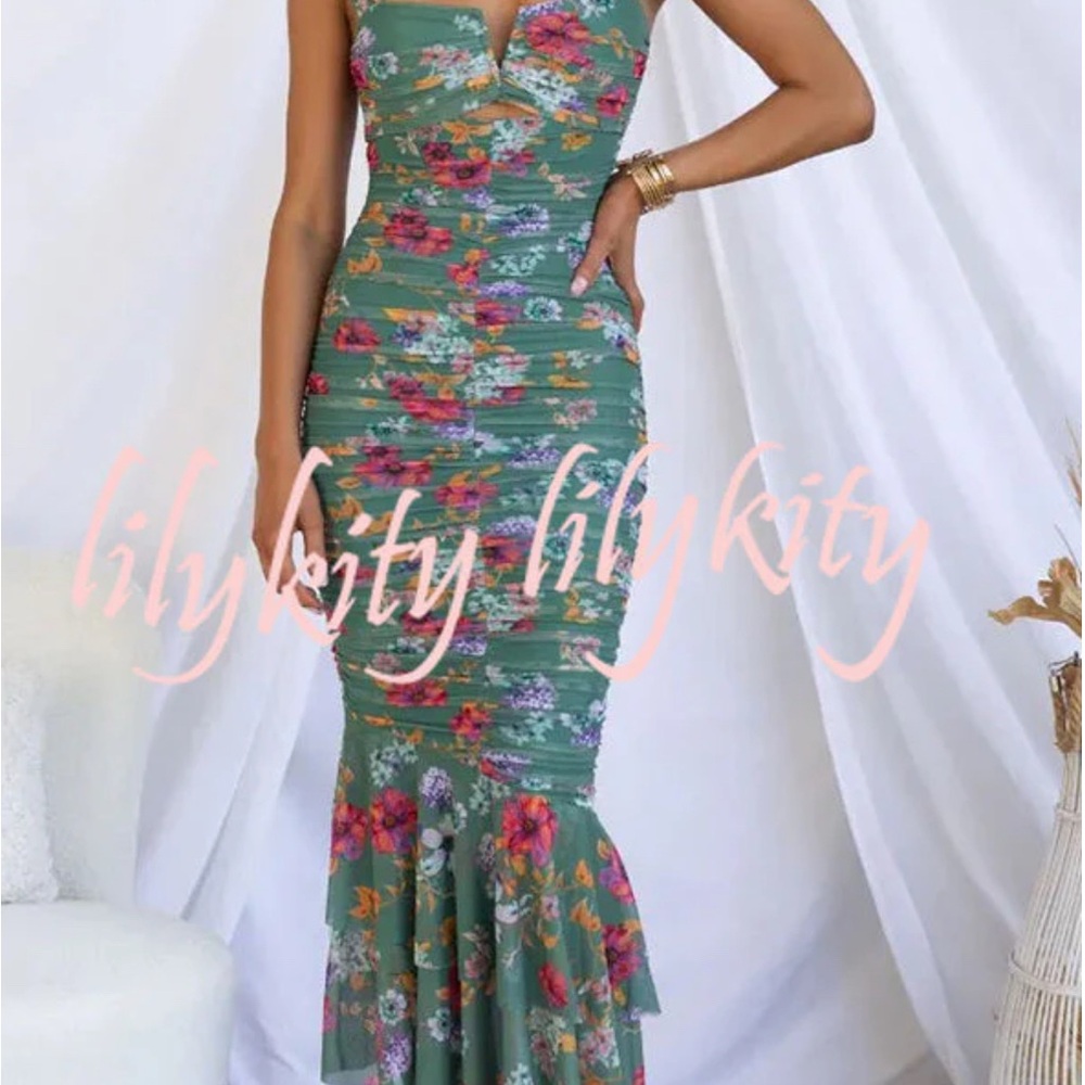 Pink and Red Ruffled Backless Maxi Dress